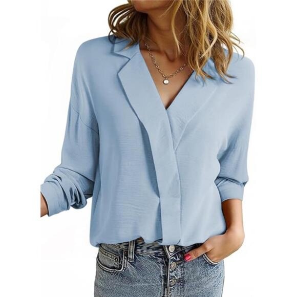 Classic Long Sleeve Blouse | Minimalist Solid Color Top | All-Season Office - Picture 4 of 4